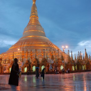 burma03 Rangoon's hallowed Shwedagon pagoda, as dusk falls over the city