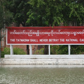 burma05 Propaganda sign along the moat of the former Royal Palace, Mandalay