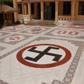 burma15 Swastika pattern on the floor of a temple in Mandalay. Note clockwise orientation and Hitlerian colour scheme