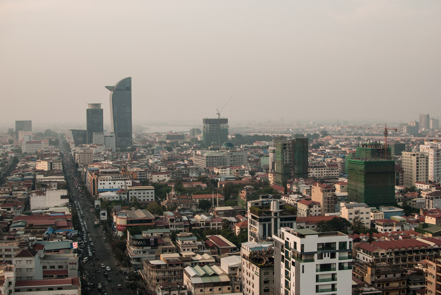 A view of Phnom Penh’s rising skyline, including its tallest skyscraper, the 188-meter-high Vattanac Capital Tower.